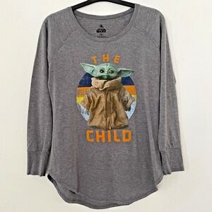 Star Wars The Child Long‎ Sleeve T Shirt Women's Size M Gray Disney Baby Yoda